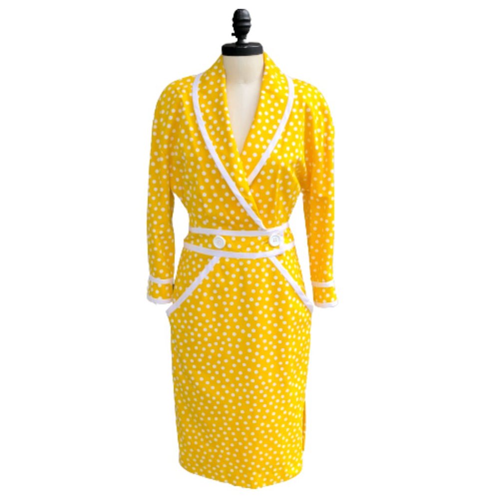 Vtg ADELE SIMPSON 80s Does 50s/60s Polka Dot Yellow White Wiggle Pencil Dress